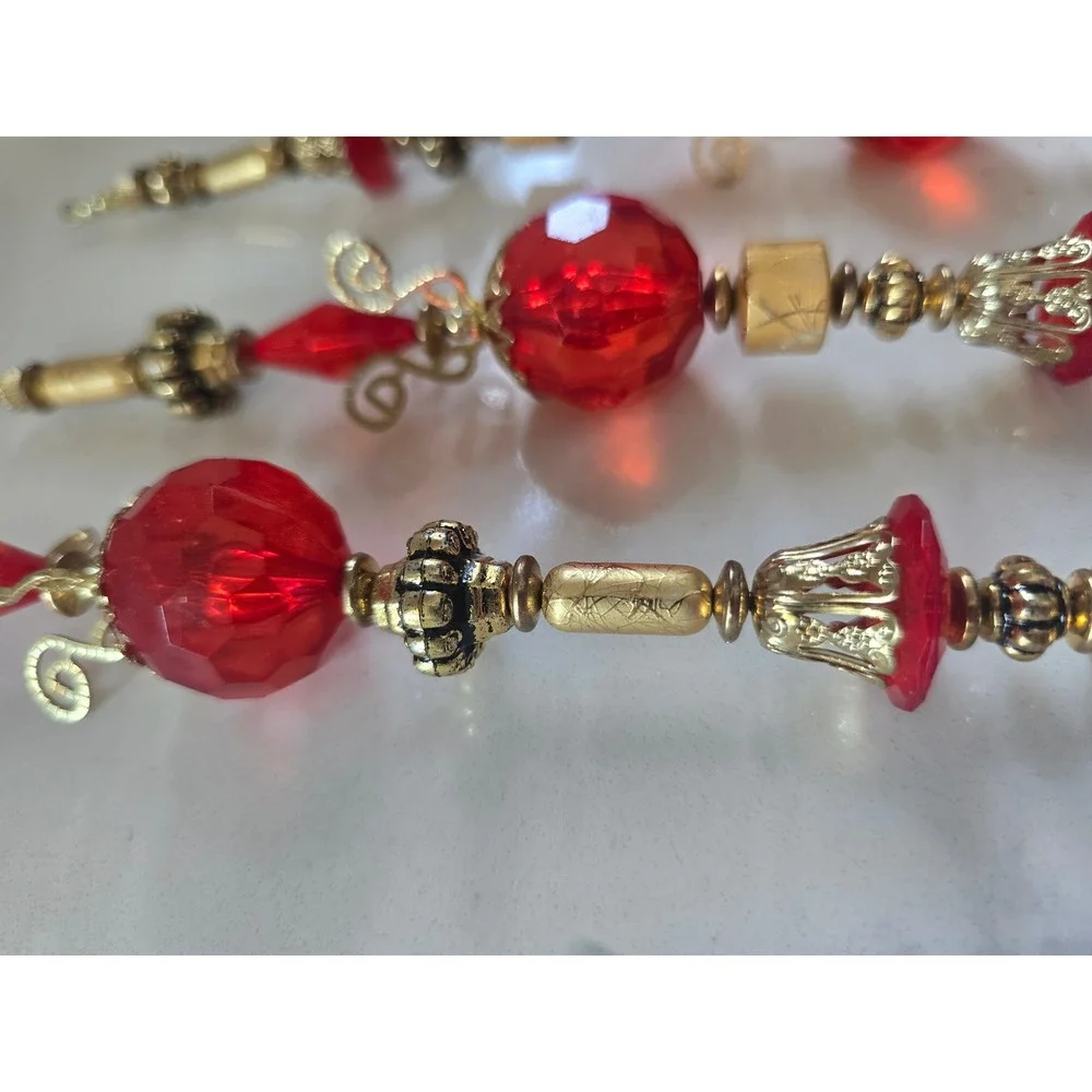 Vintage Style Red and Gold Beaded Icicle Christmas Ornaments Set of 4 Hanging